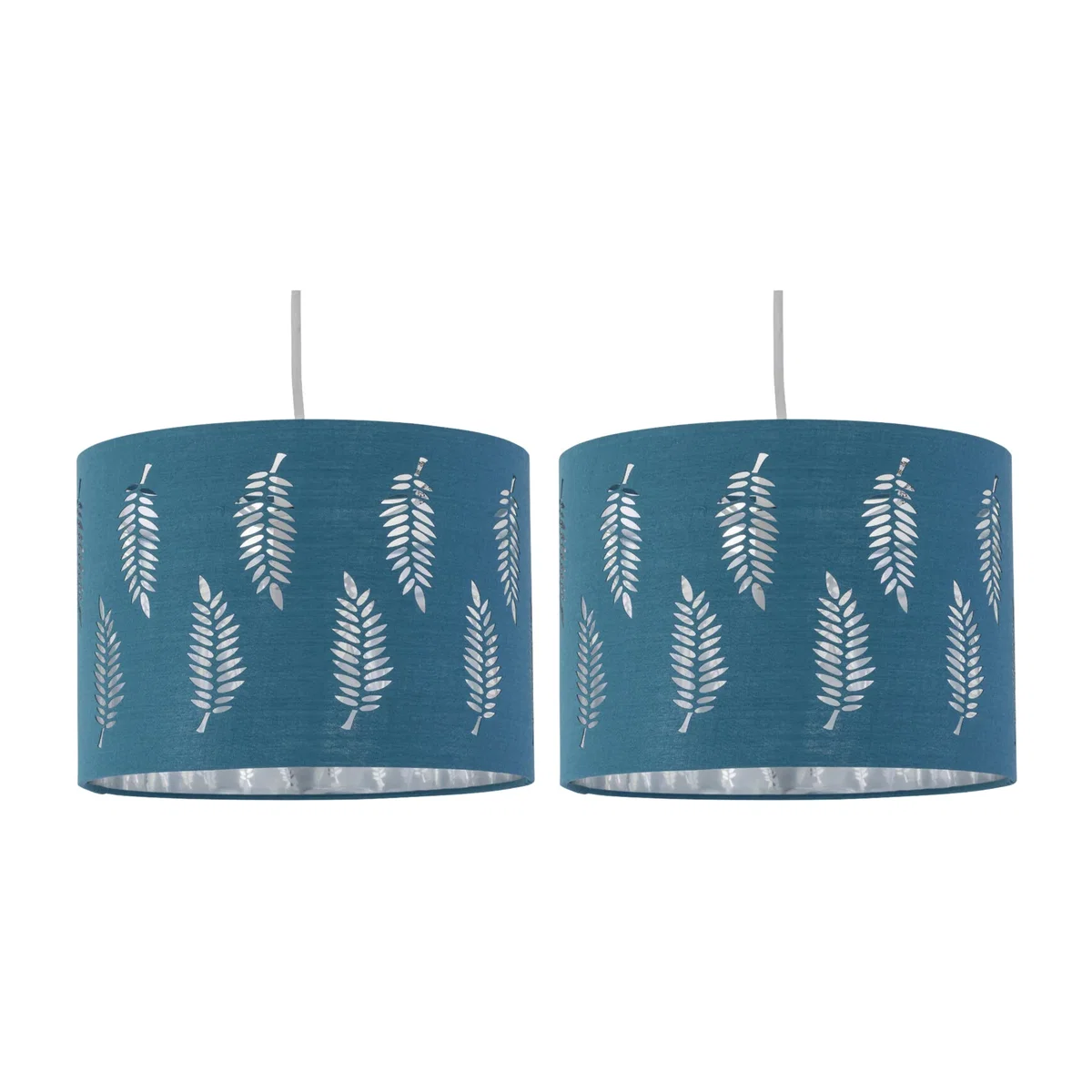 Set Of 2 Fern Easy Fit Fabric Pendant Shades - Teal Cotton With Silver Inner Detail – image 1