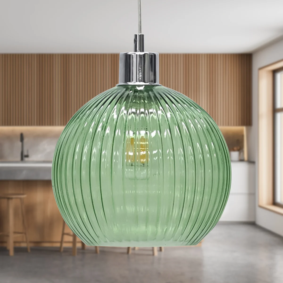 Set Of 2 Betchley Green Ribbed Glass Globe Easy Fit Pendant Shades - Green – image 3