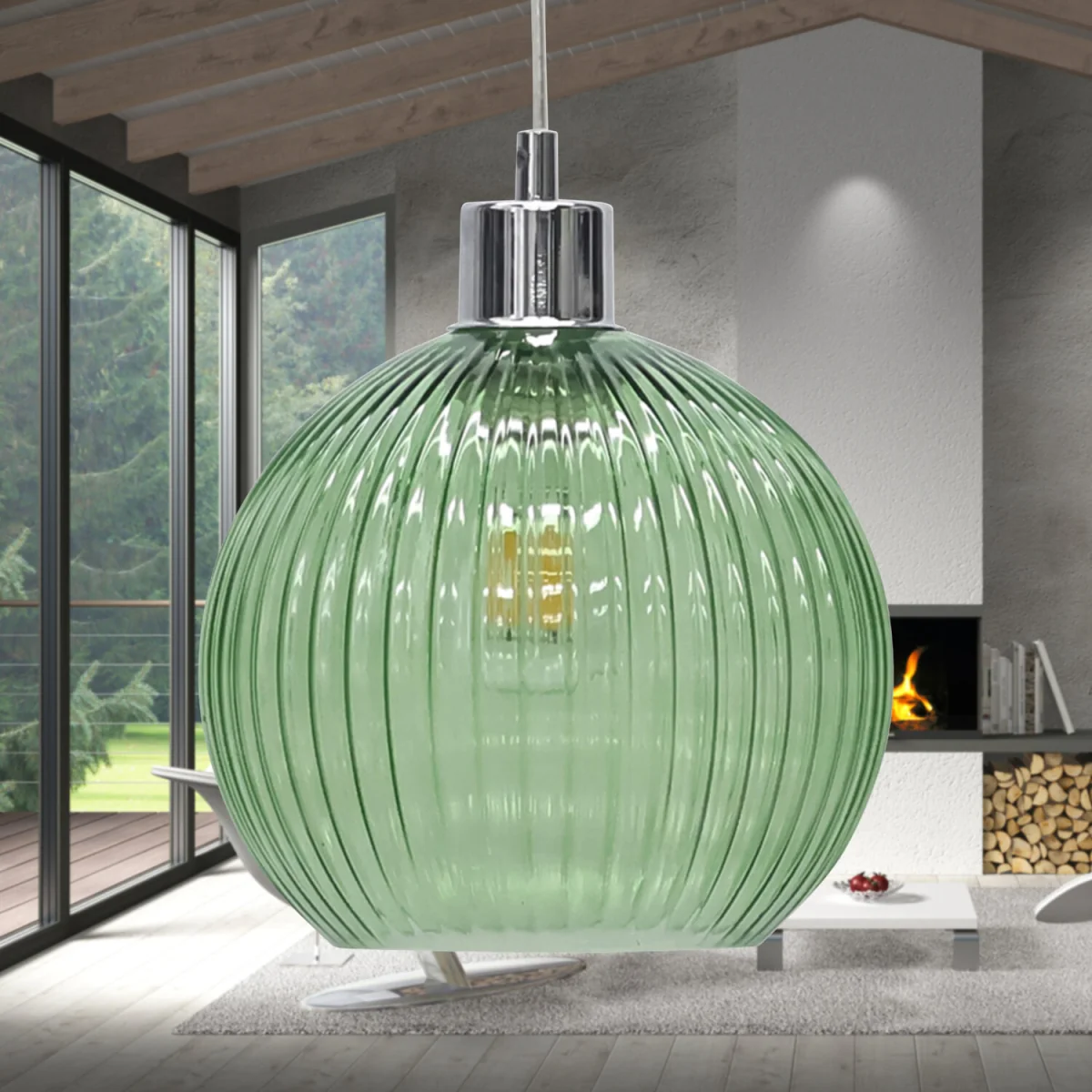 Set Of 2 Betchley Green Ribbed Glass Globe Easy Fit Pendant Shades - Green – image 4