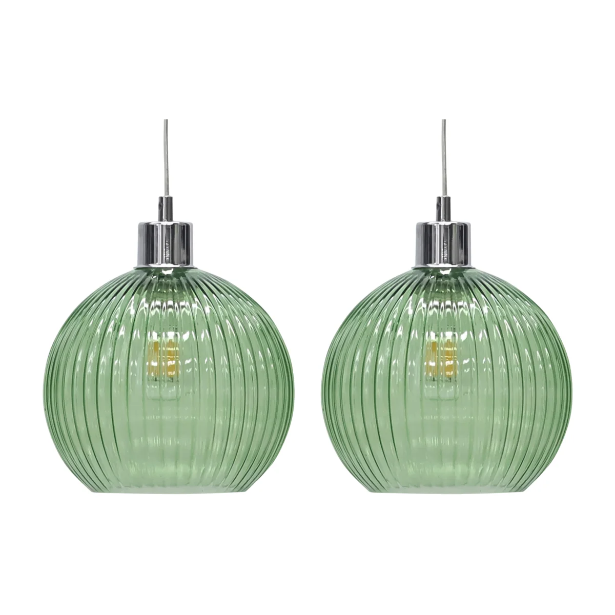 Set Of 2 Betchley Green Ribbed Glass Globe Easy Fit Pendant Shades - Green – image 1