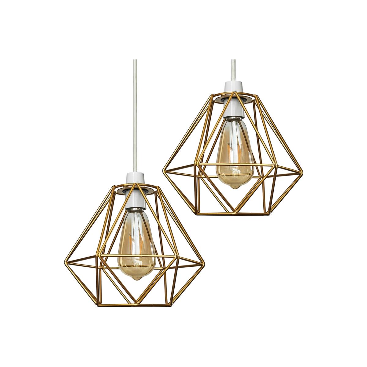 Pair Of Modern Geometric Gold Metal Basket Cage Ceiling Pendant Light Shades - Gold – image 1