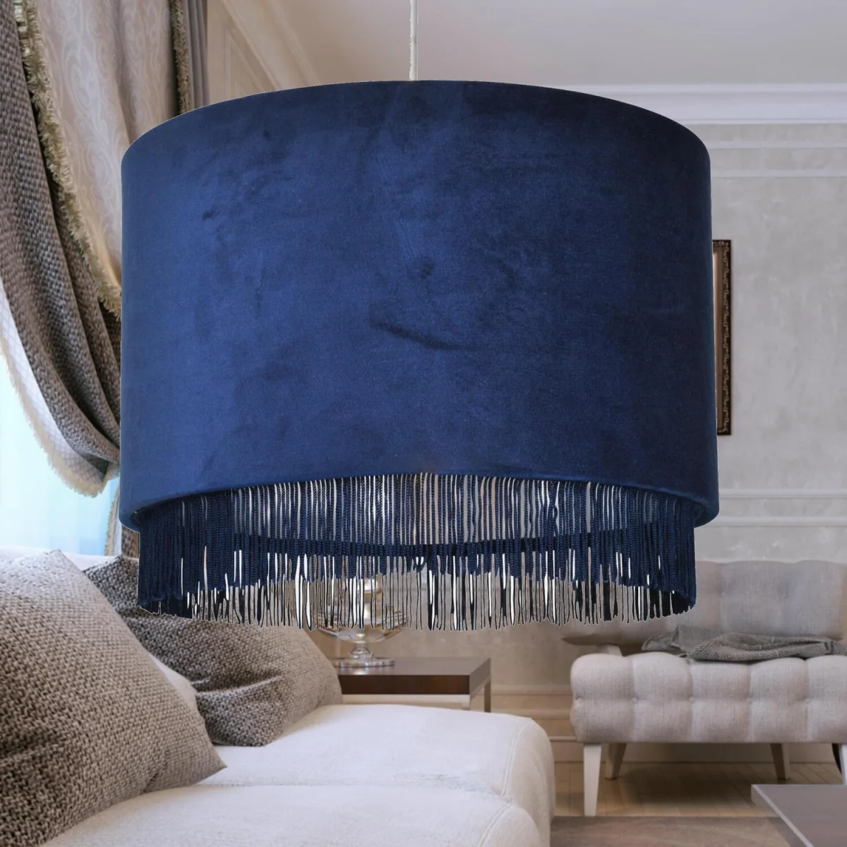 Tassle Easy Fit Fabric Pendant Shade - Navy Velvet With Chrome Inner Detail – image 6