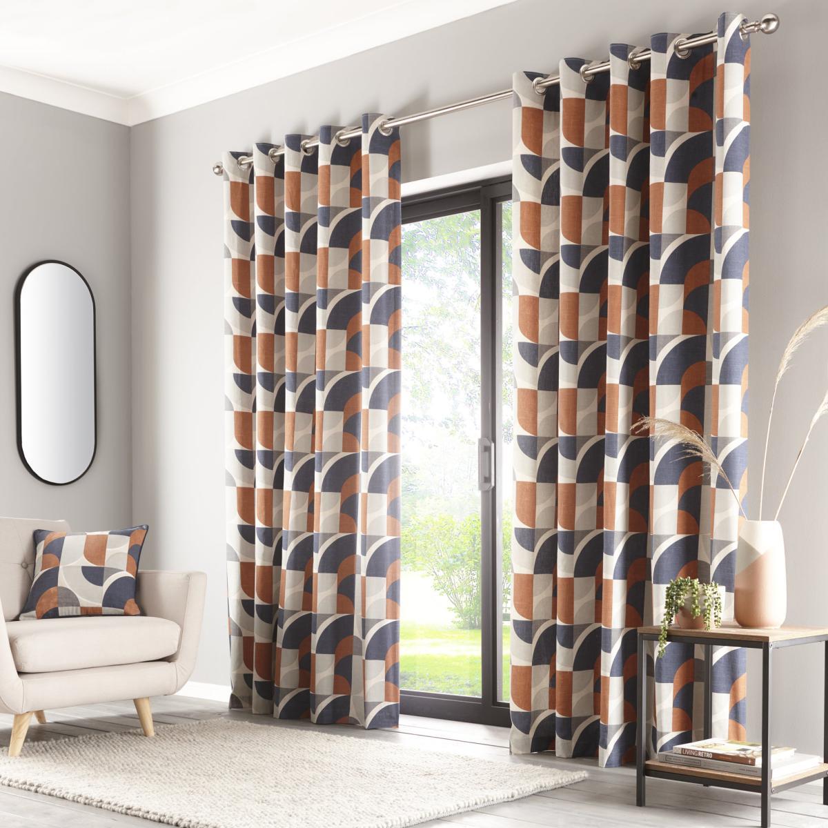 Elements Marne Navy Eyelet Curtains Navy Blue, Orange and White – image 2