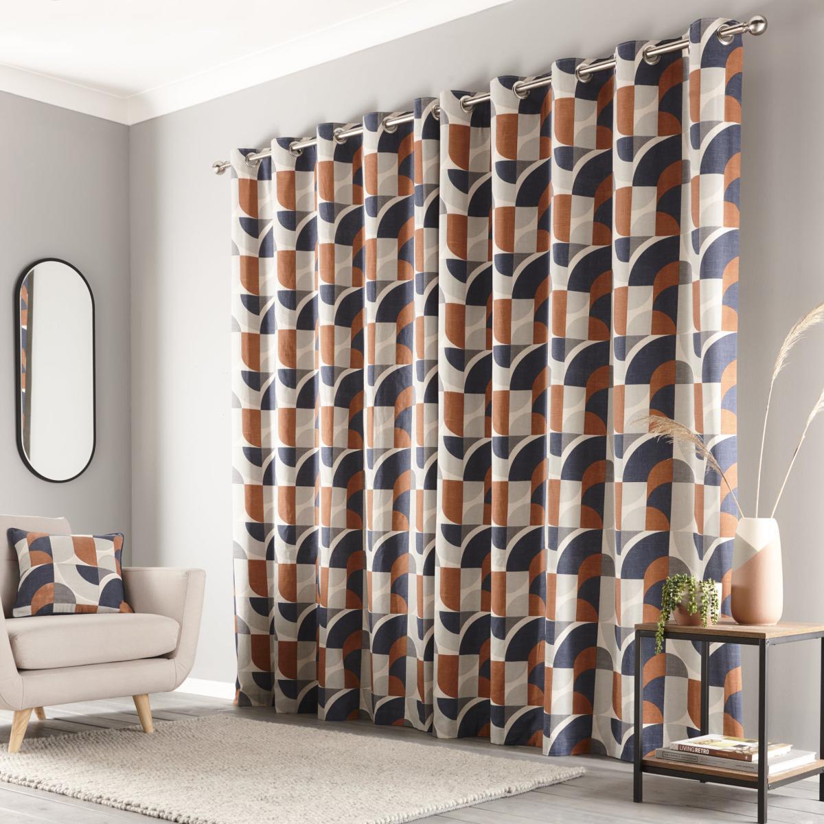 Elements Marne Navy Eyelet Curtains Navy Blue, Orange and White – image 3