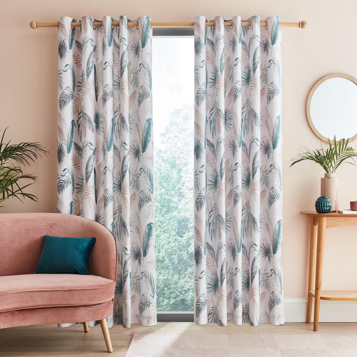 Palm Leaf Teal Eyelet Curtains White, Blue and Pink – image 2