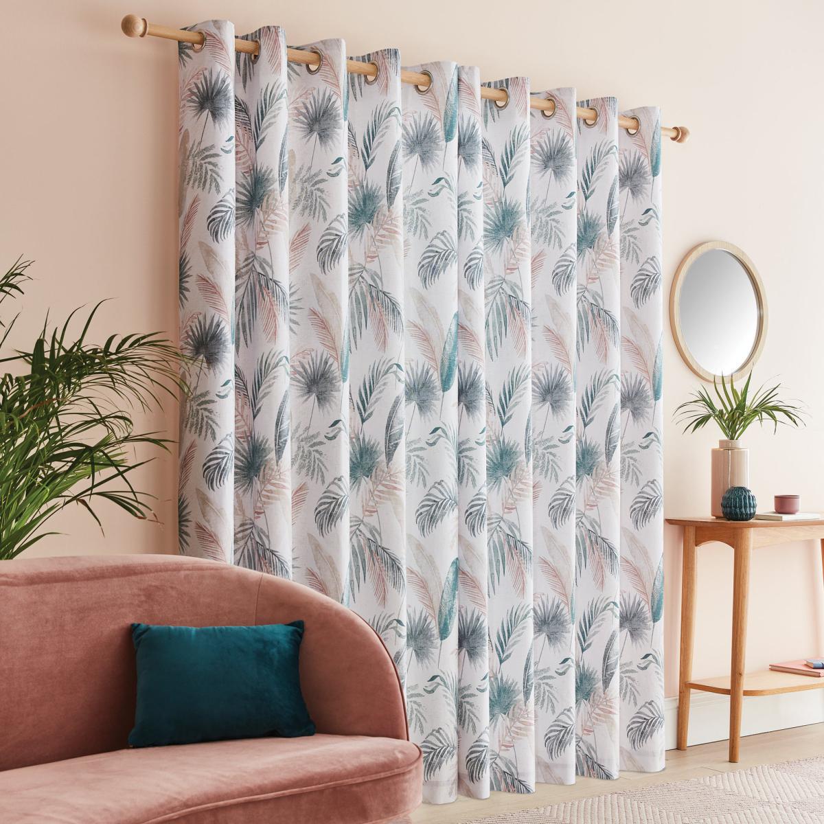 Palm Leaf Teal Eyelet Curtains White, Blue and Pink – image 3