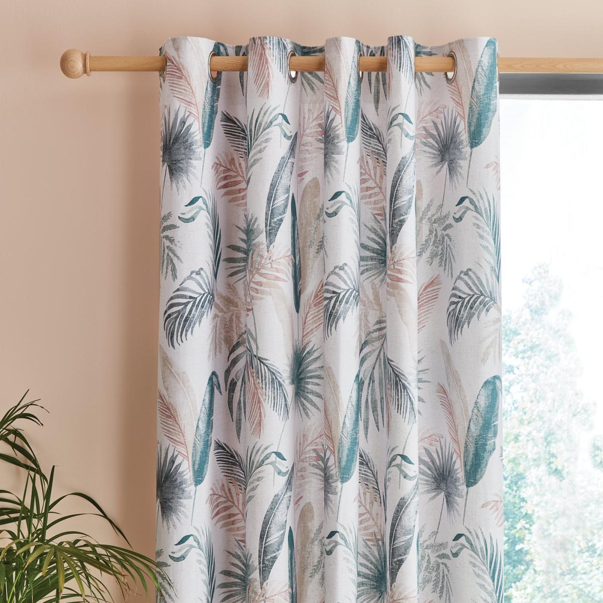 Palm Leaf Teal Eyelet Curtains White, Blue and Pink – image 1
