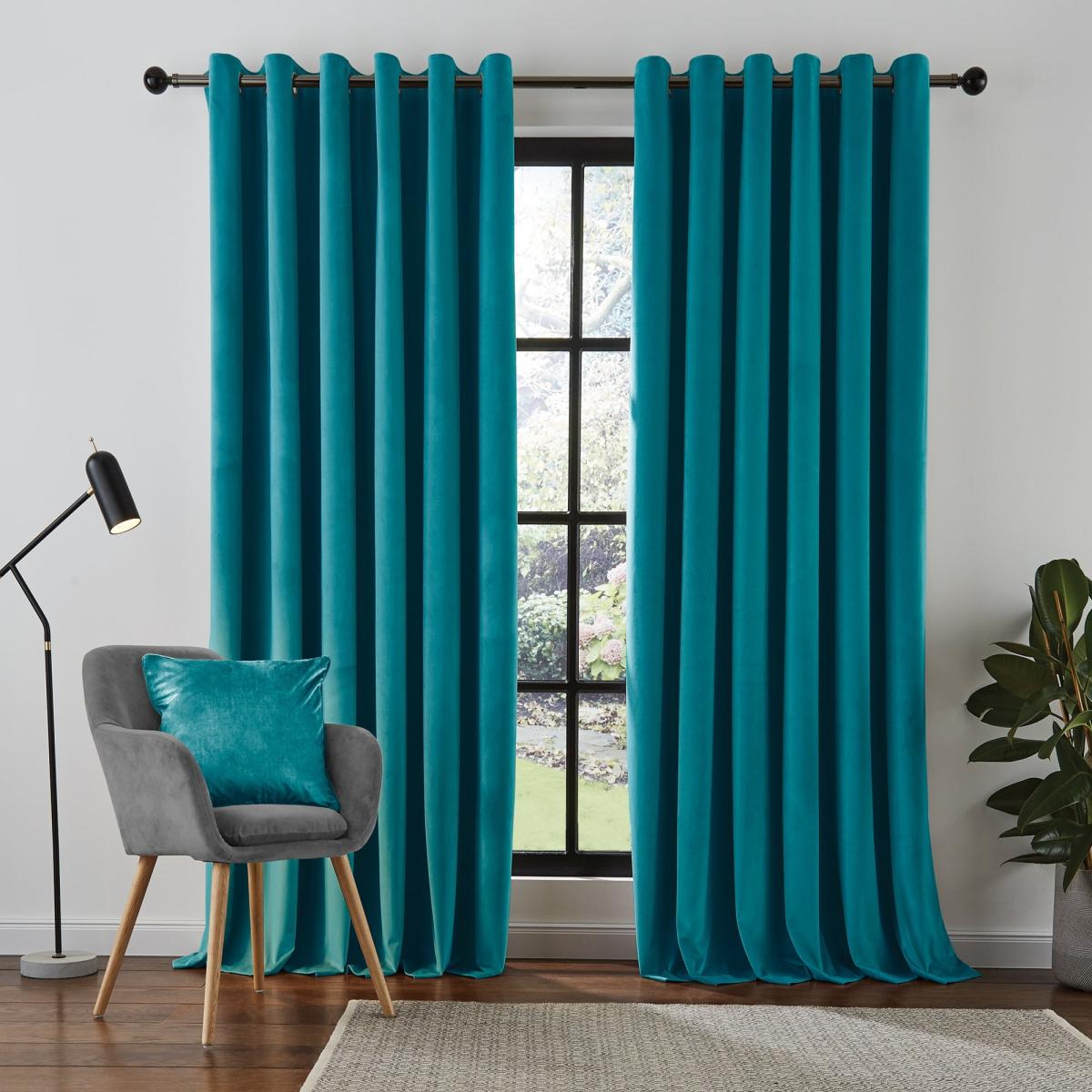 Recycled Velour Teal Eyelet Curtains Teal (Blue) – image 2