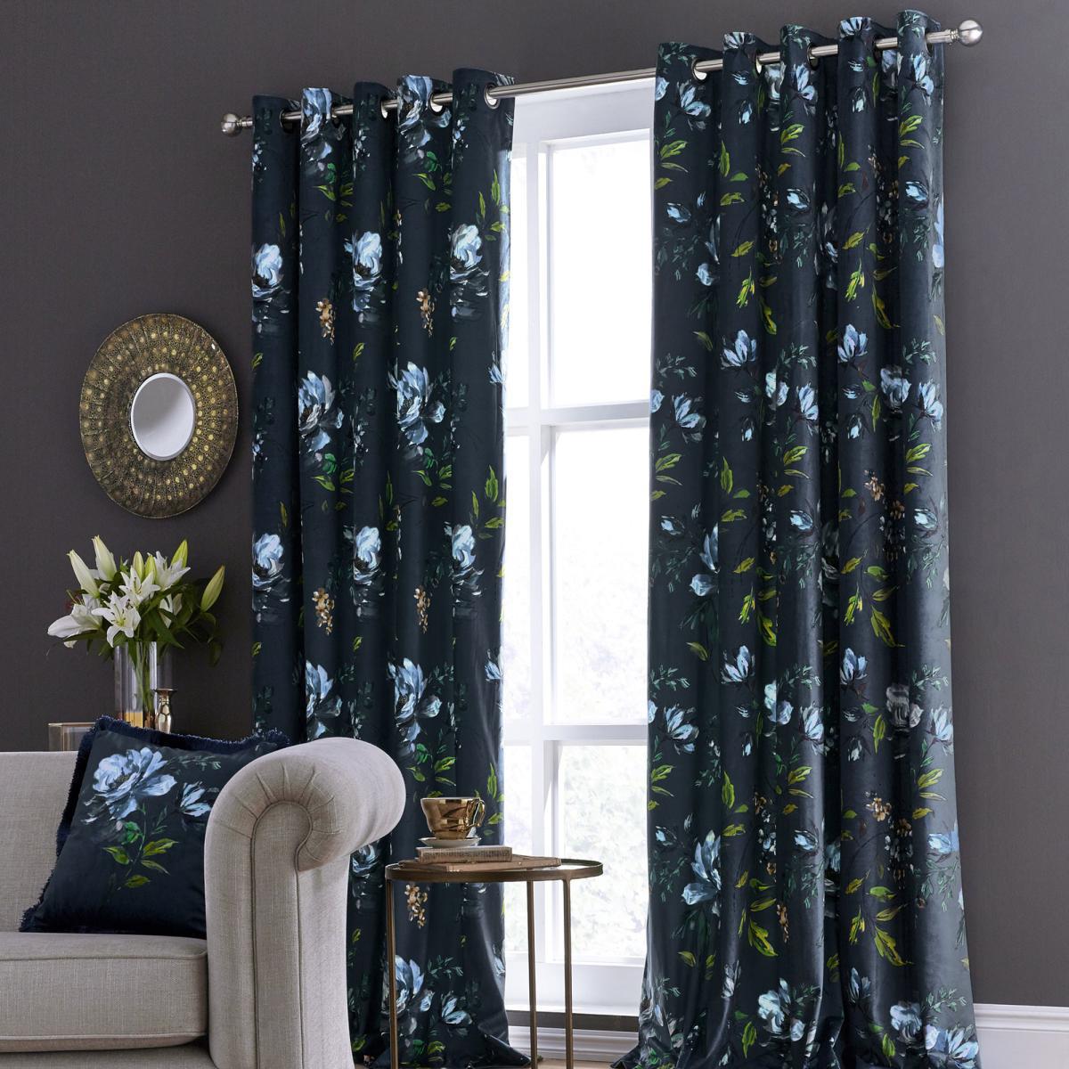 Charm Floral Midnight Blue Eyelet Curtains Blue and Green – image 3