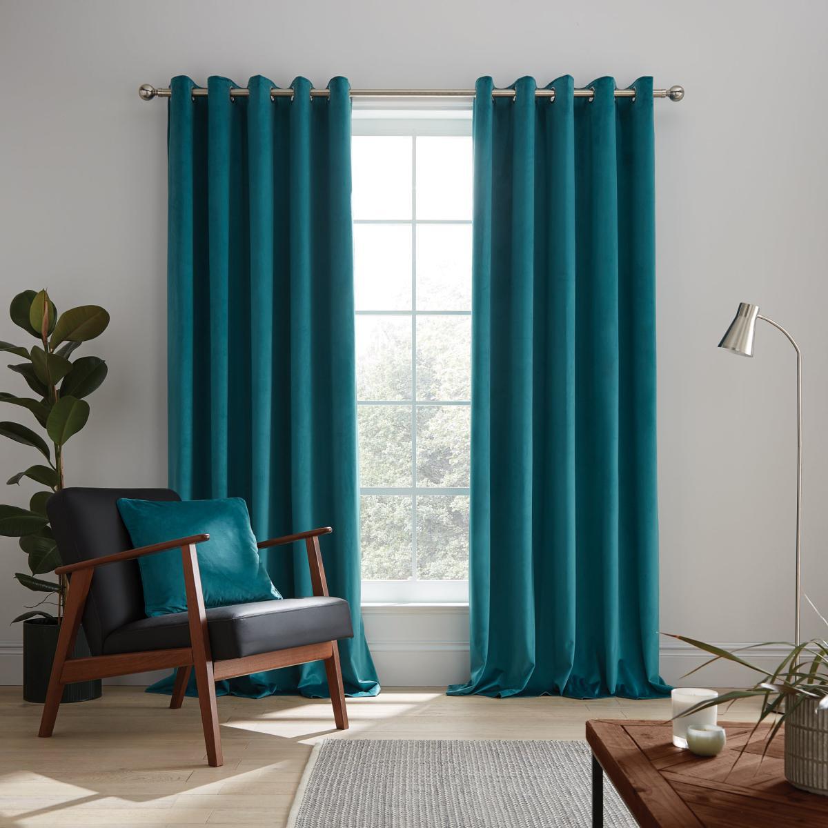 Ashford Teal Velour Eyelet Curtains Blue – image 2