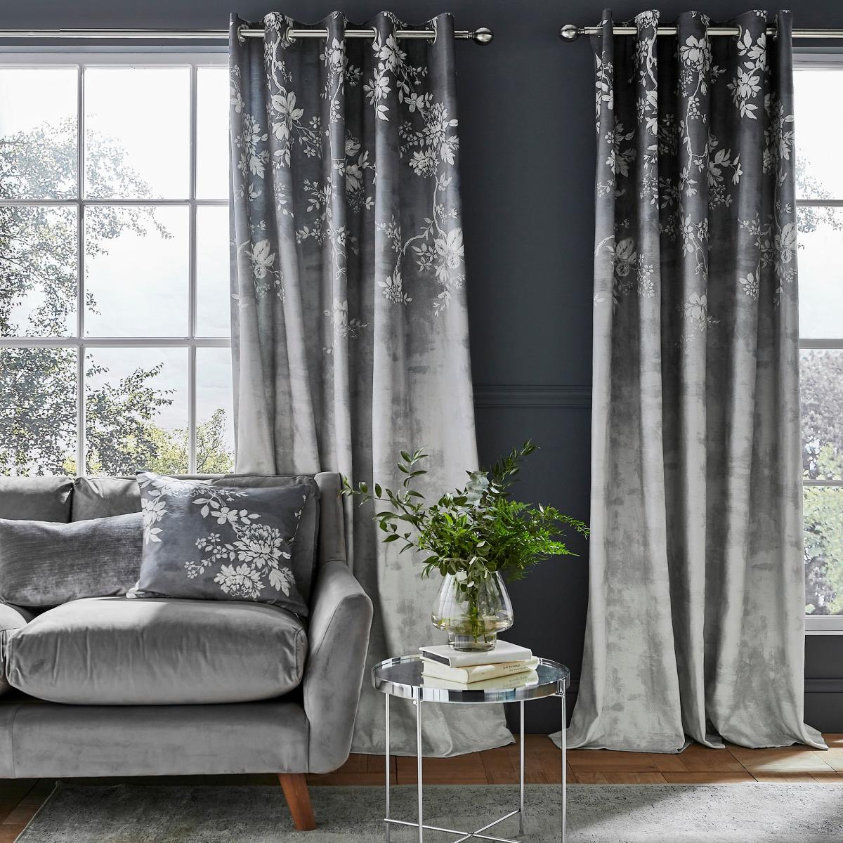 Cascade Floral Grey Eyelet Curtains Grey/White – image 2