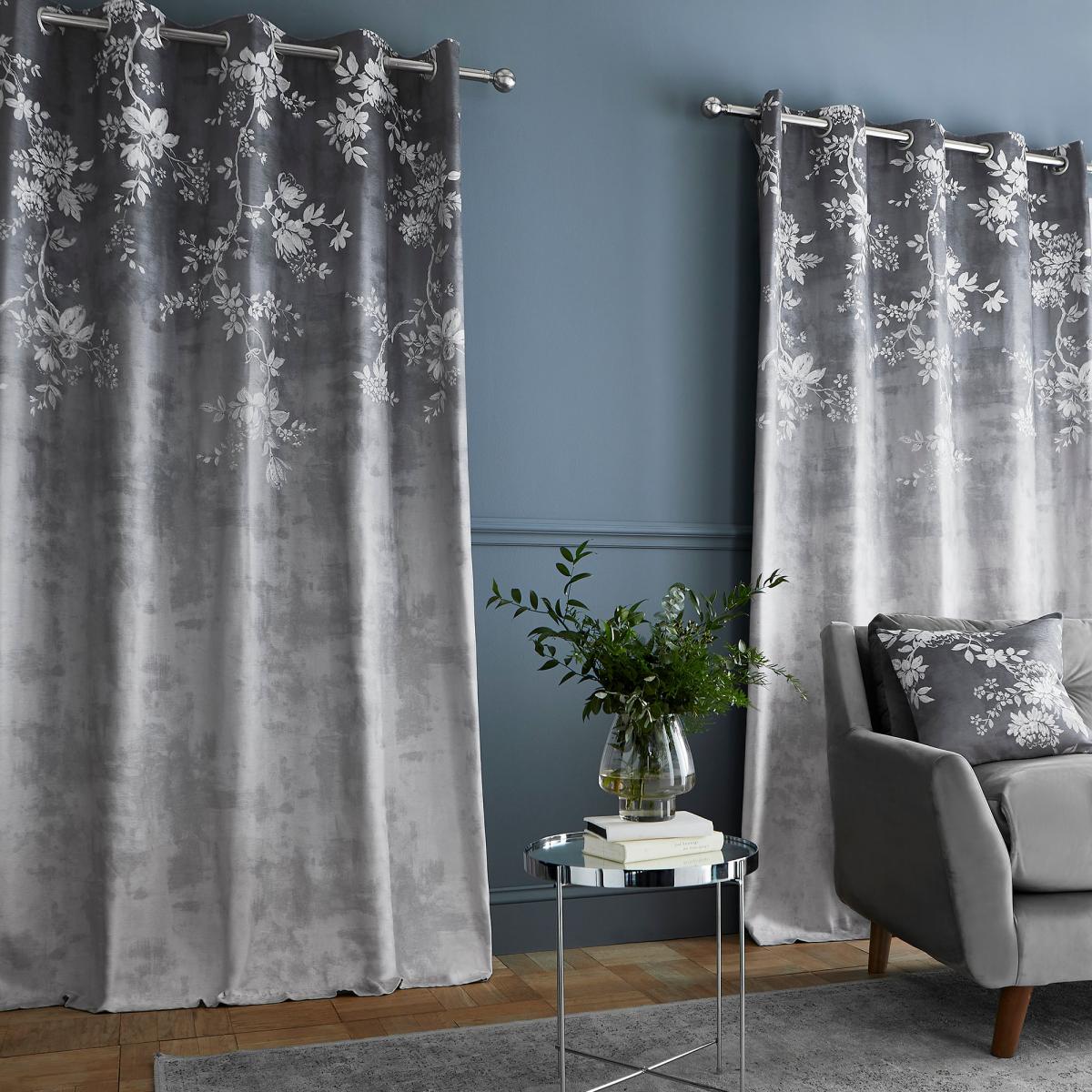 Cascade Floral Grey Eyelet Curtains Grey/White – image 3