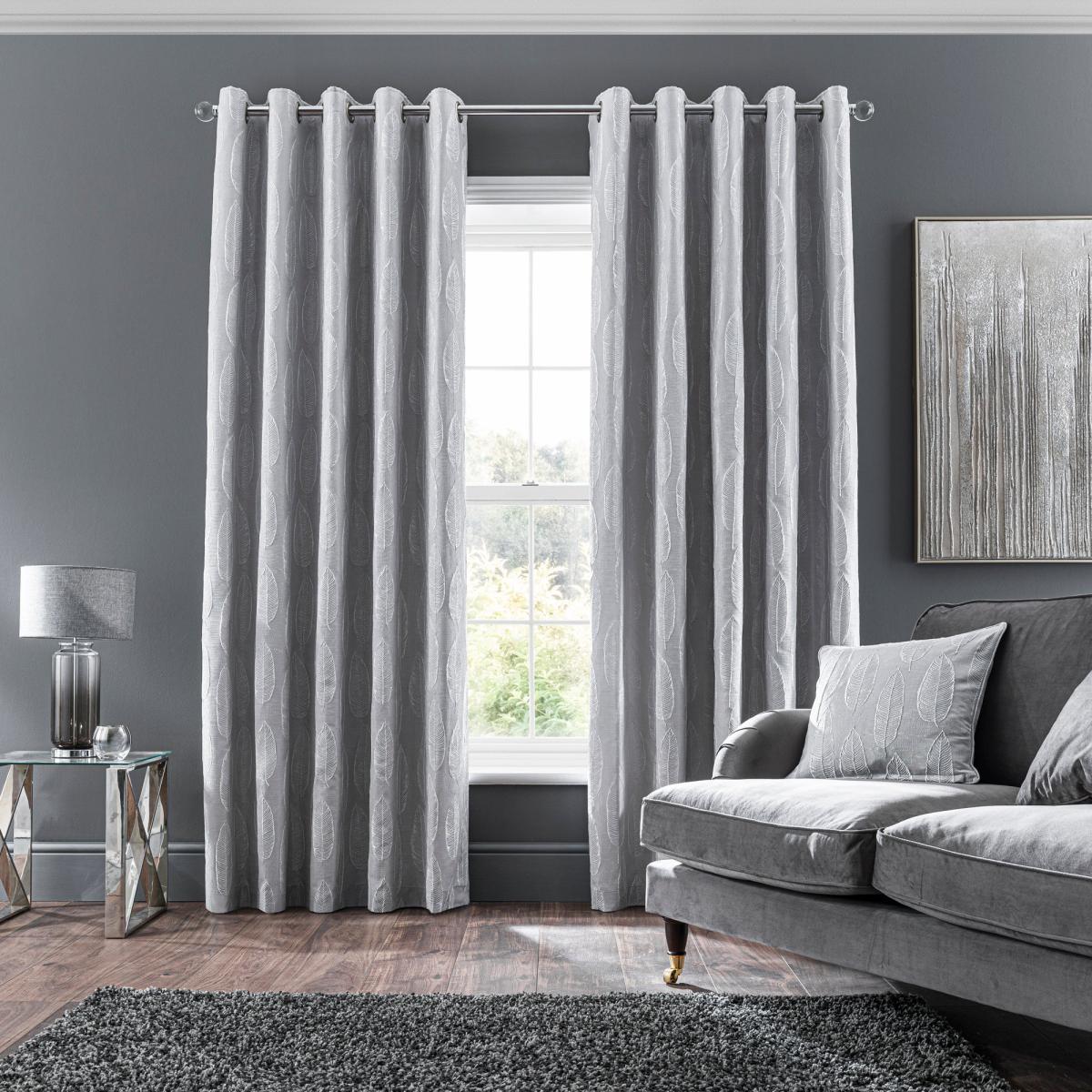 Glam Leaf Silver Eyelet Curtains Grey and White – image 2