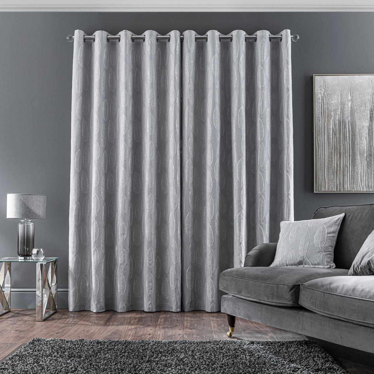 Glam Leaf Silver Eyelet Curtains Grey and White – image 6