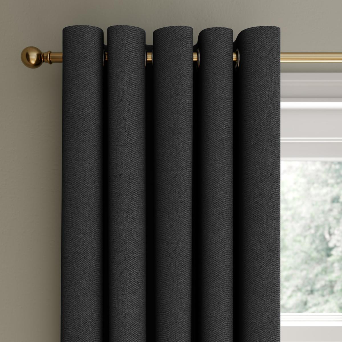 Rotterdam Herringbone Black Blackout Eyelet Curtains Black – image 2