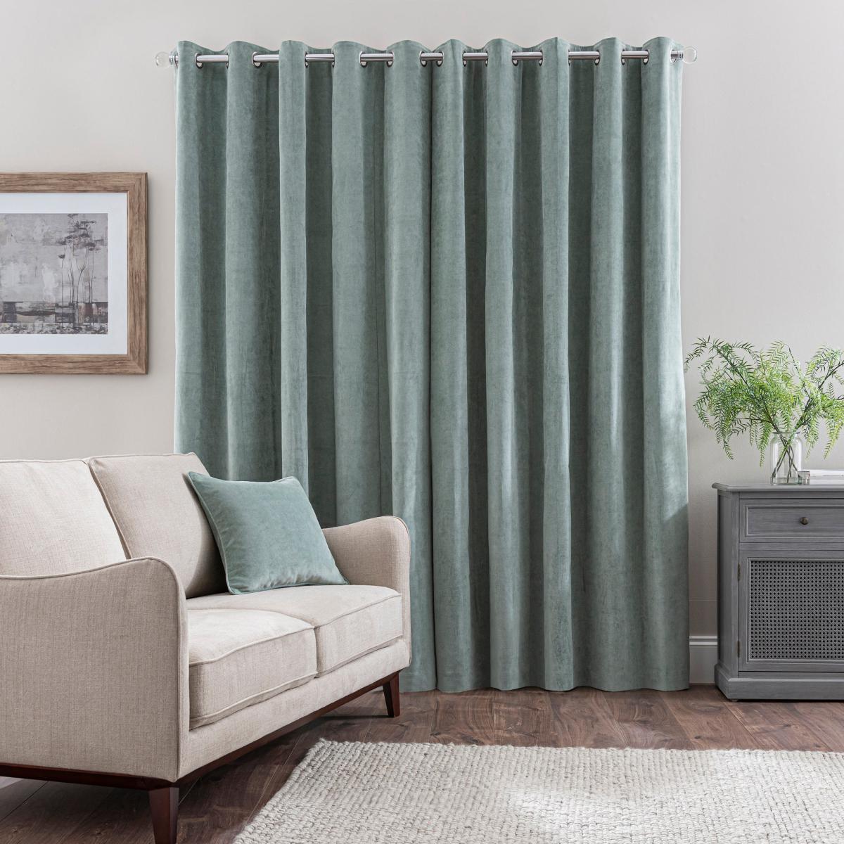 Margot Velour Lily Pad Blue Eyelet Curtains Green – image 3