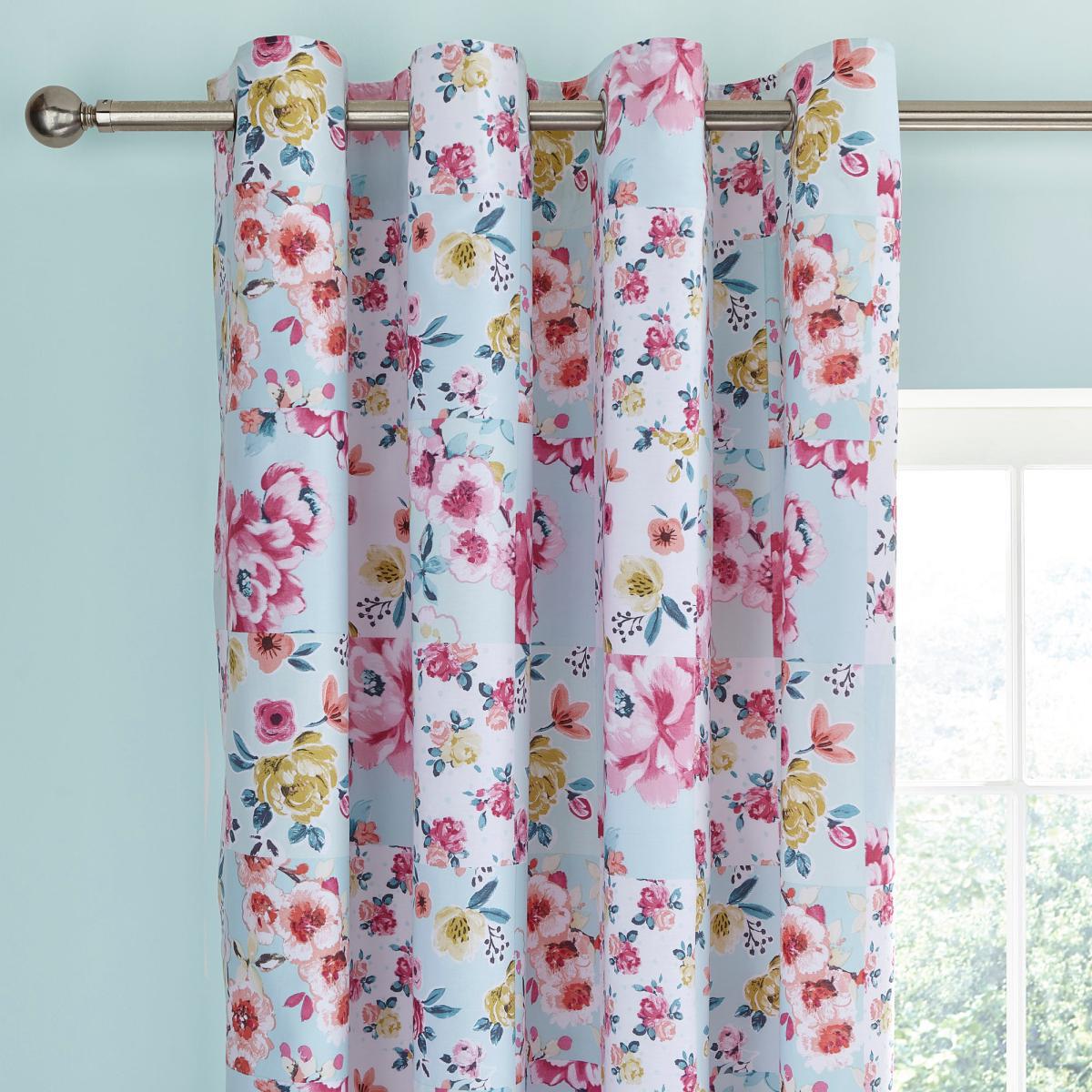 Catherine Lansfield Flower Patchwork Duck Egg Lined Eyelet Curtains Blue, Pink and Yellow – image 2