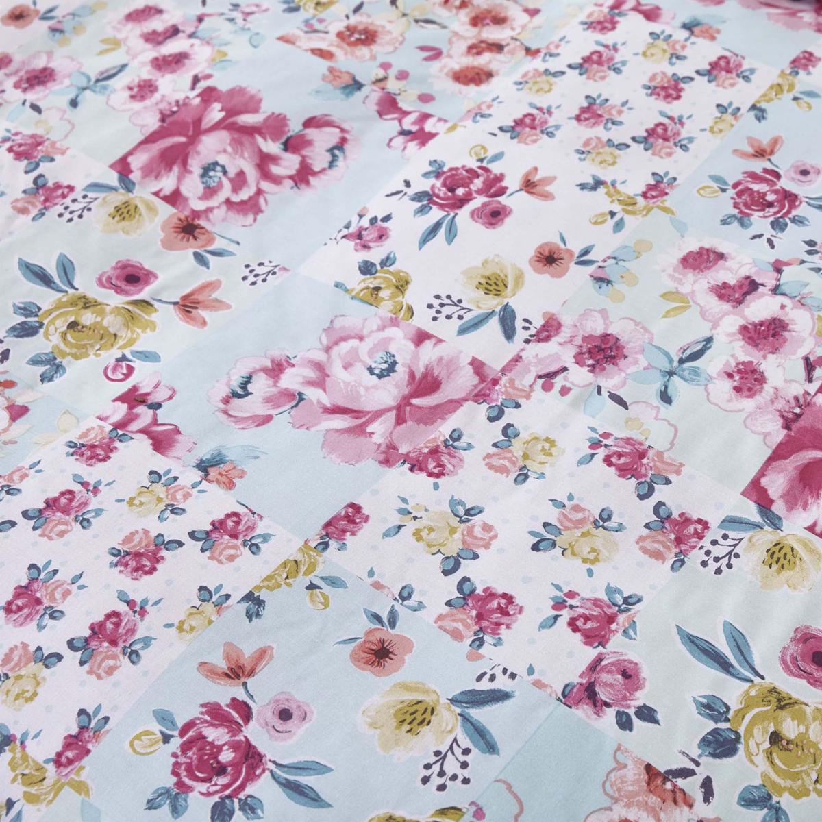 Catherine Lansfield Flower Patchwork Duck Egg Lined Eyelet Curtains Blue, Pink and Yellow – image 3