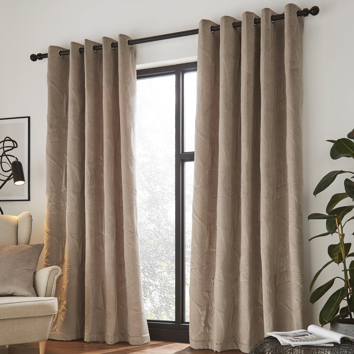 Catherine Lansfield Velvet Pinsonic Leaf Warm Grey Eyelet Curtains Grey – image 2