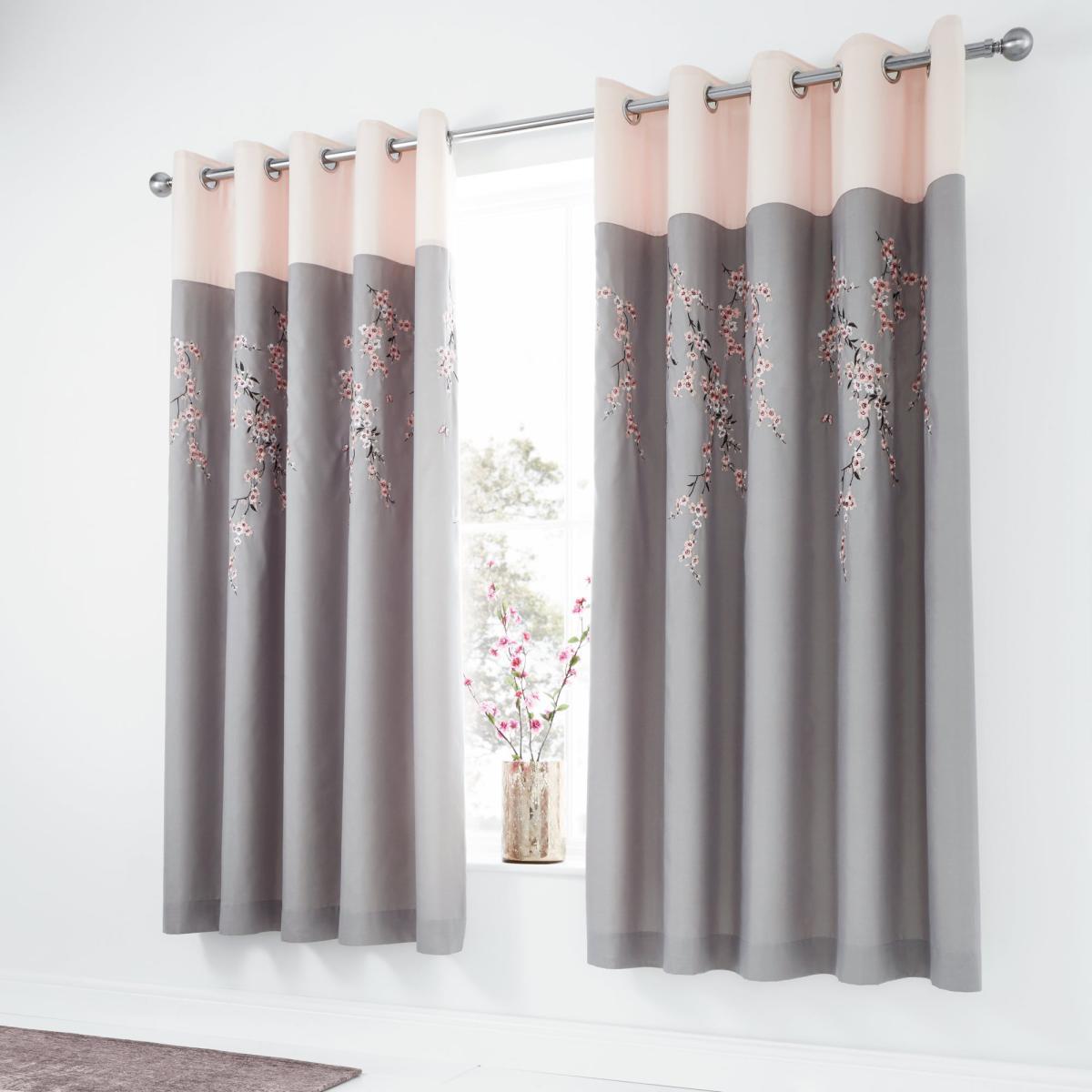 Catherine Lansfield Grey Embroidered Blossom Eyelet Curtains Grey and Pink – image 2