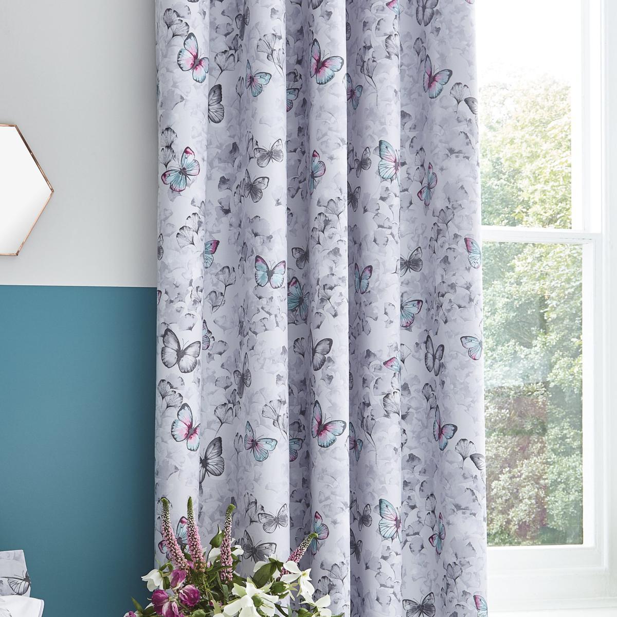 Ginkgo Butterfly White Blackout Eyelet Curtains White, Blue and Grey – image 2