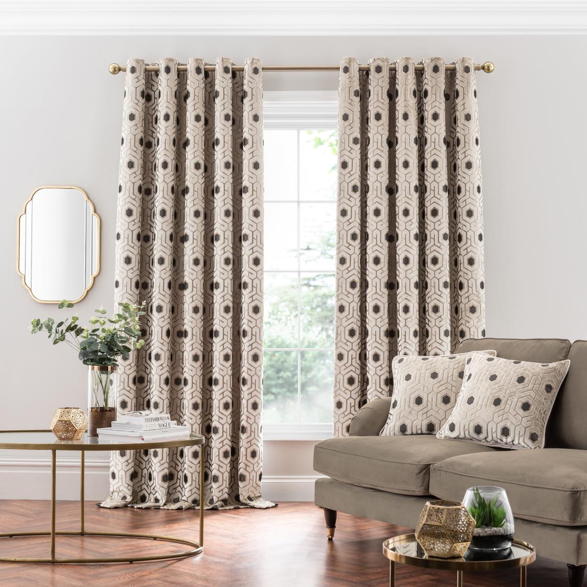 Geo Cut Velvet Champagne Eyelet Curtains Champagne – image 2