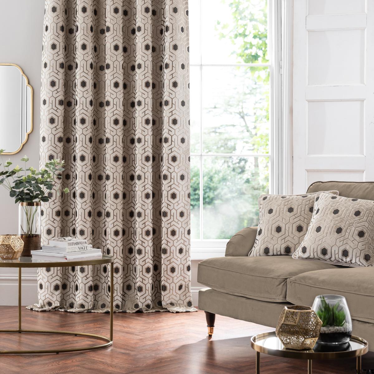 Geo Cut Velvet Champagne Eyelet Curtains Champagne – image 4
