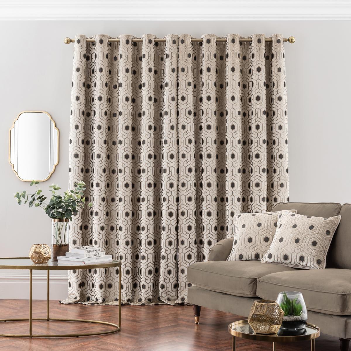 Geo Cut Velvet Champagne Eyelet Curtains Champagne – image 5