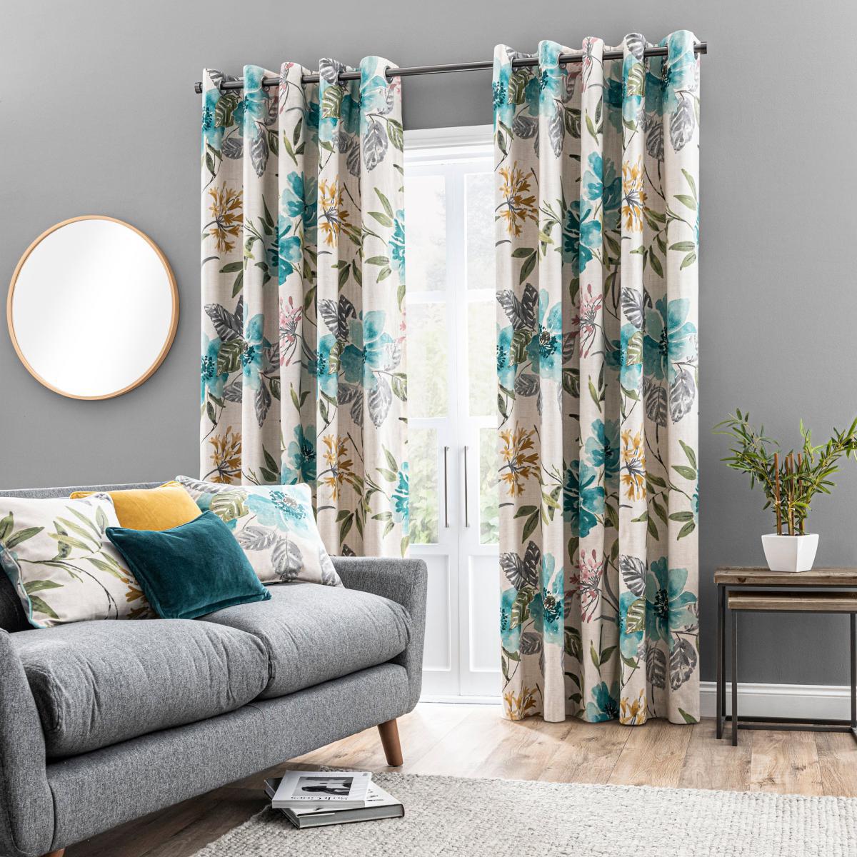 Tulsi Floral Eyelet Curtain Teal Green, Pink and White – image 2