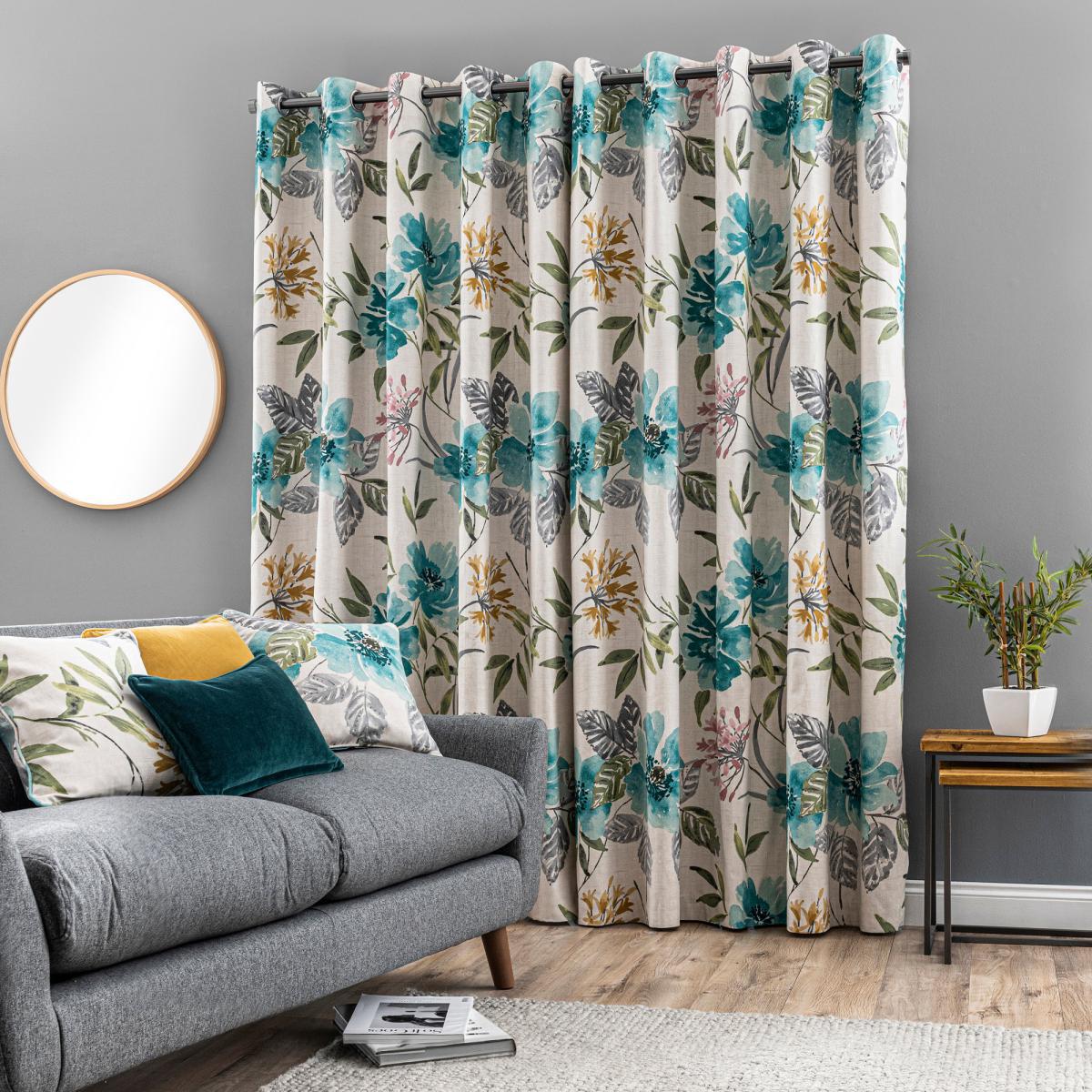 Tulsi Floral Eyelet Curtain Teal Green, Pink and White – image 3