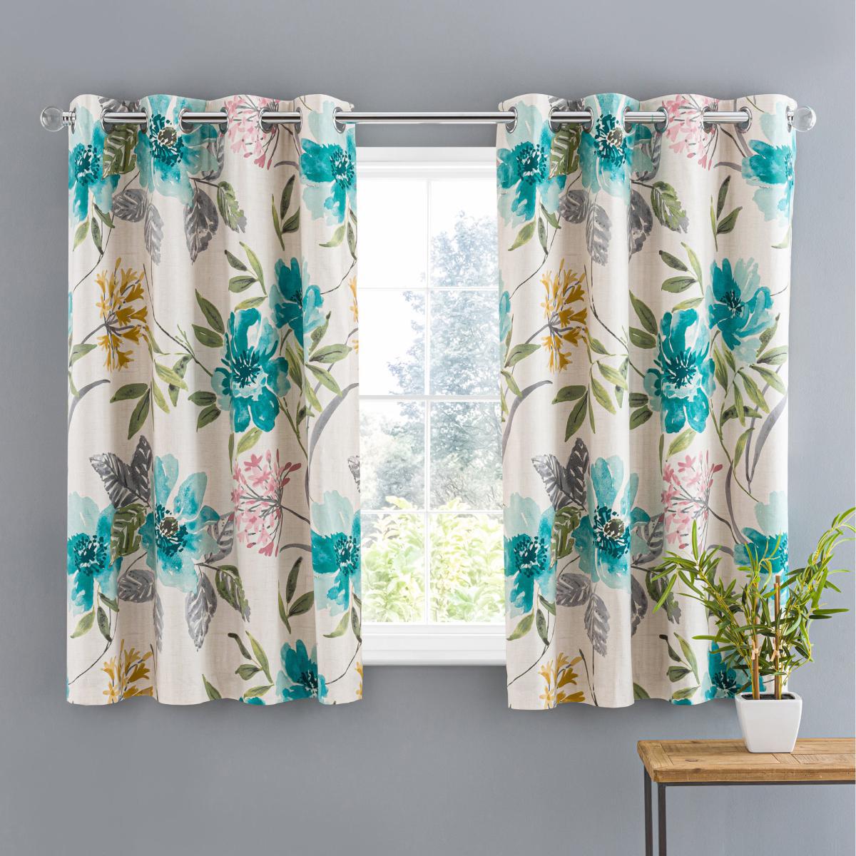 Tulsi Floral Eyelet Curtain Teal Green, Pink and White – image 4