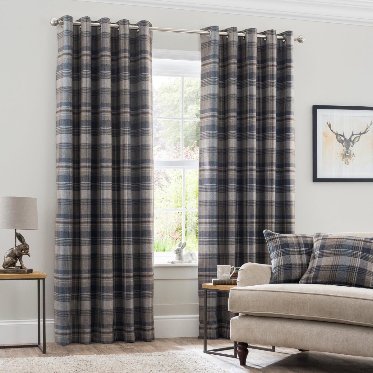 Perth Navy Check Eyelet Curtains Navy Blue and Brown – image 2