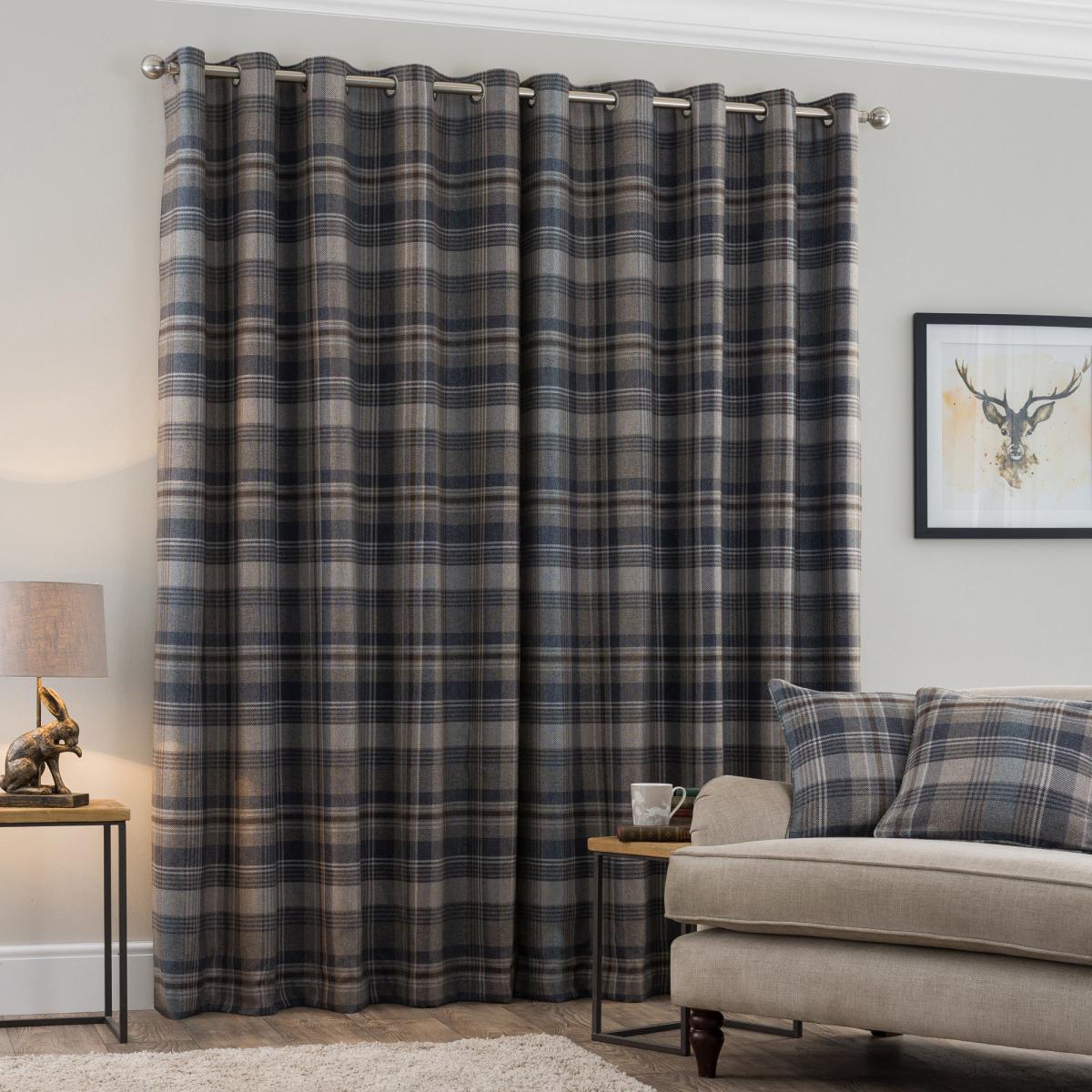 Perth Navy Check Eyelet Curtains Navy Blue and Brown – image 3