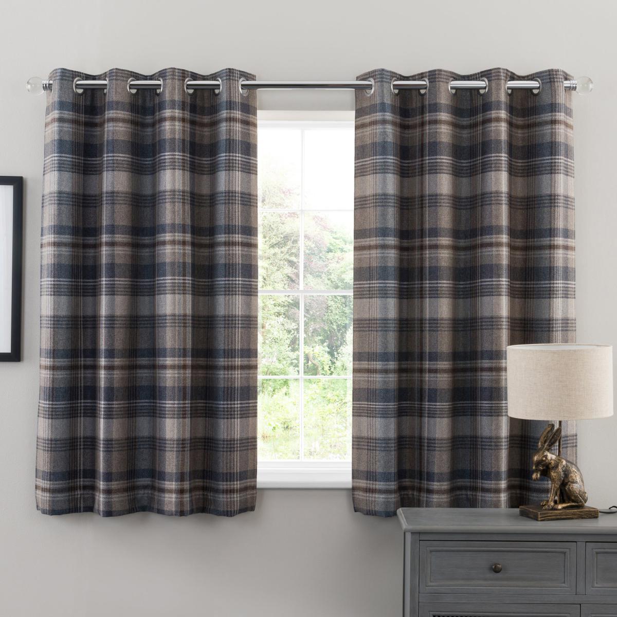 Perth Navy Check Eyelet Curtains Navy Blue and Brown – image 4