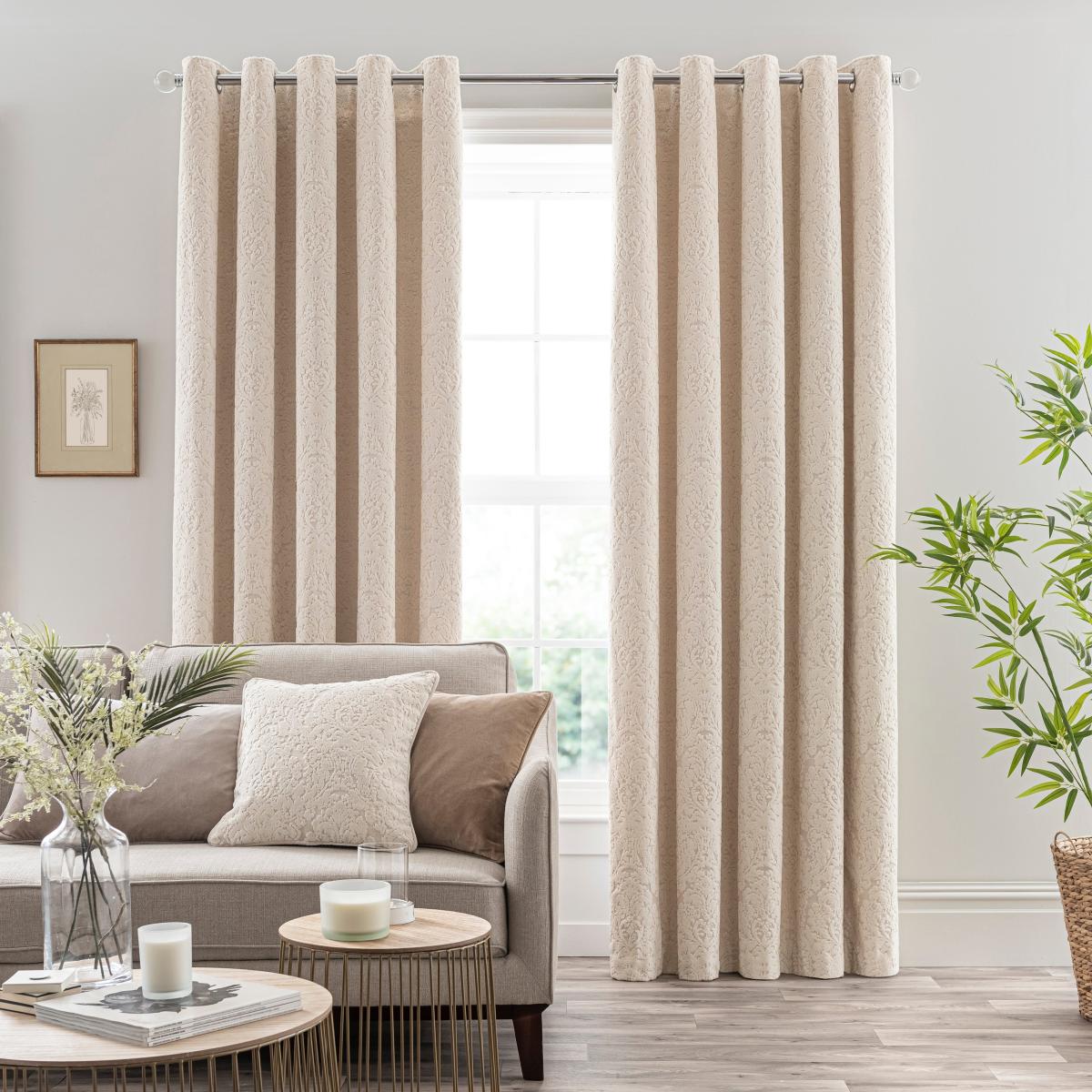 Damask Cut Velvet Ivory Eyelet Curtains Cream – image 2