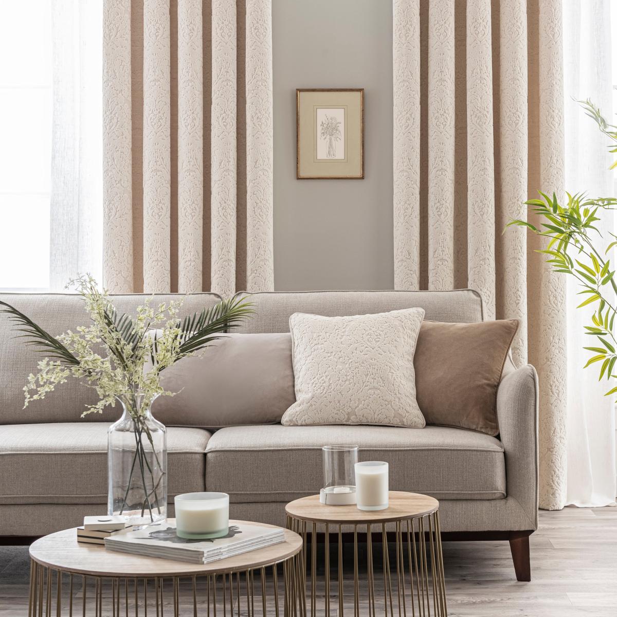 Damask Cut Velvet Ivory Eyelet Curtains Cream – image 4