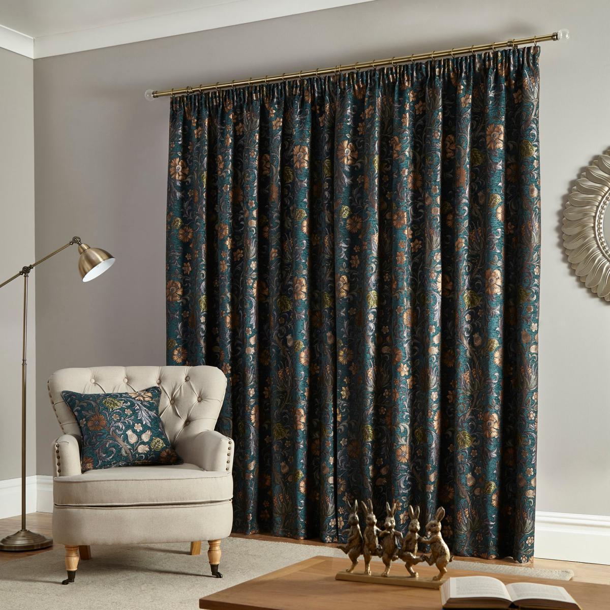 Betsy Chenille Jacquard Lagoon Pencil Pleat Curtains Blue, Green and Brown – image 3