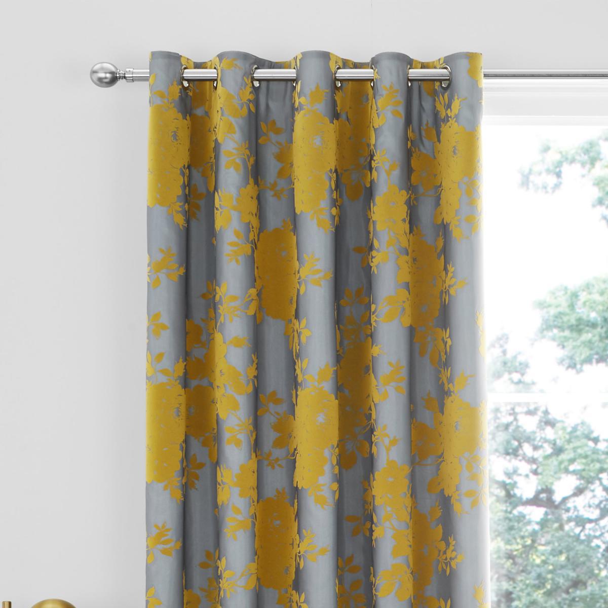 Catherine Lansfield Velvet Rose Ochre Eyelet Curtains Yellow and Grey – image 2