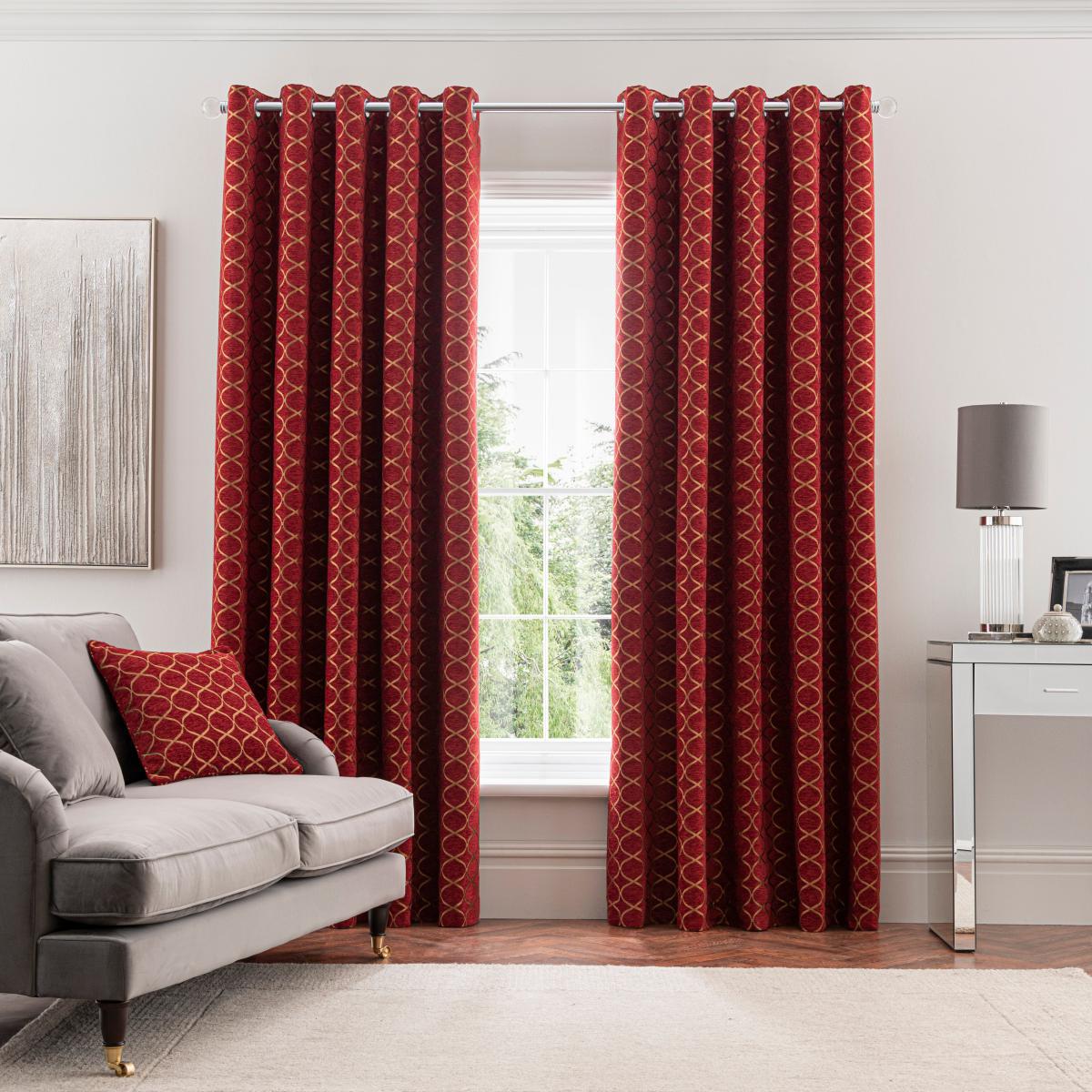 Chenille Ogee Red Eyelet Curtains Deep Red – image 2