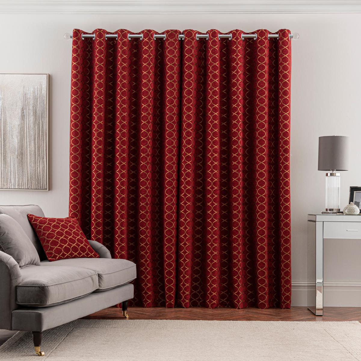 Chenille Ogee Red Eyelet Curtains Deep Red – image 3