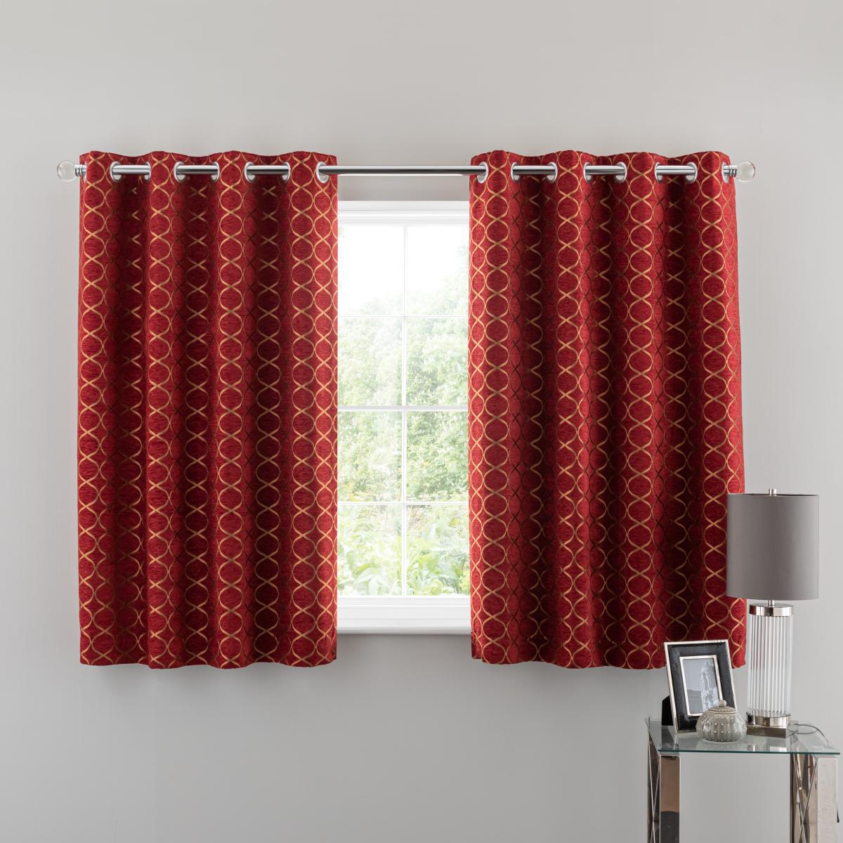 Chenille Ogee Red Eyelet Curtains Deep Red – image 4