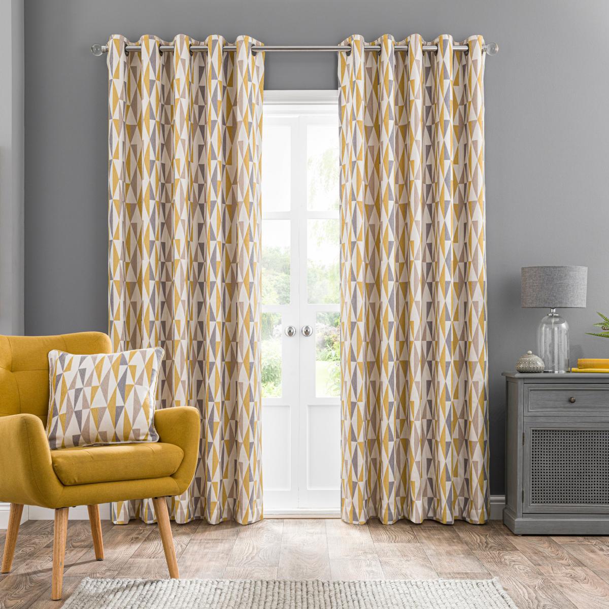 Triangle Chenille Jacquard Eyelet Curtains Yellow, Grey and White – image 2