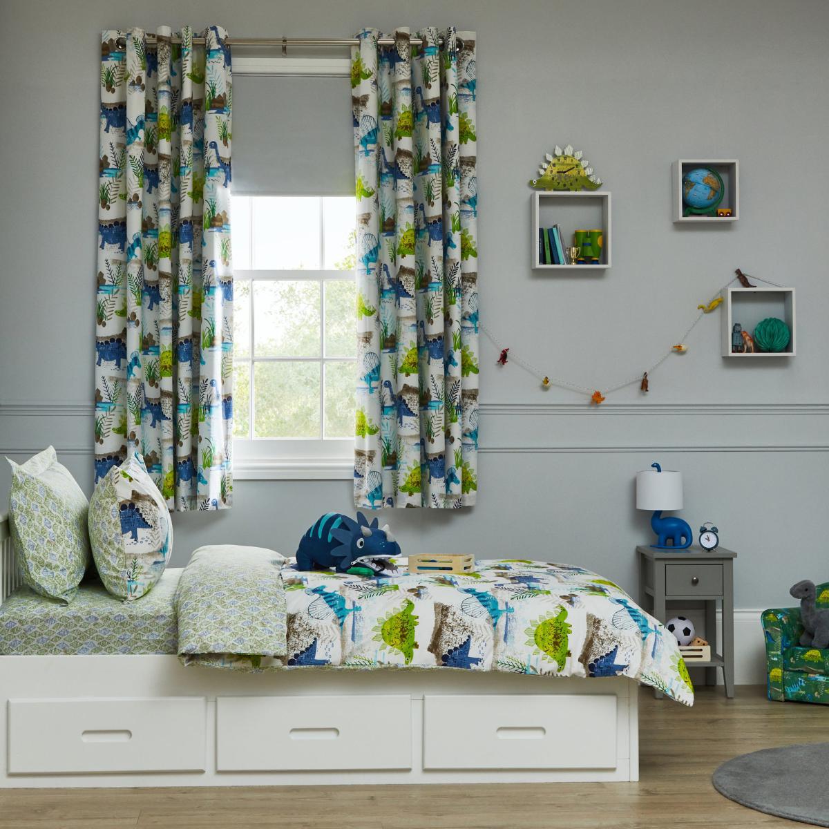 Roar! Dinosaur Blackout Eyelet Kids Curtains Green, Blue and White – image 2