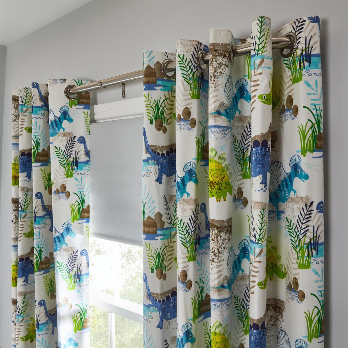 Roar! Dinosaur Blackout Eyelet Kids Curtains Green, Blue and White – image 3