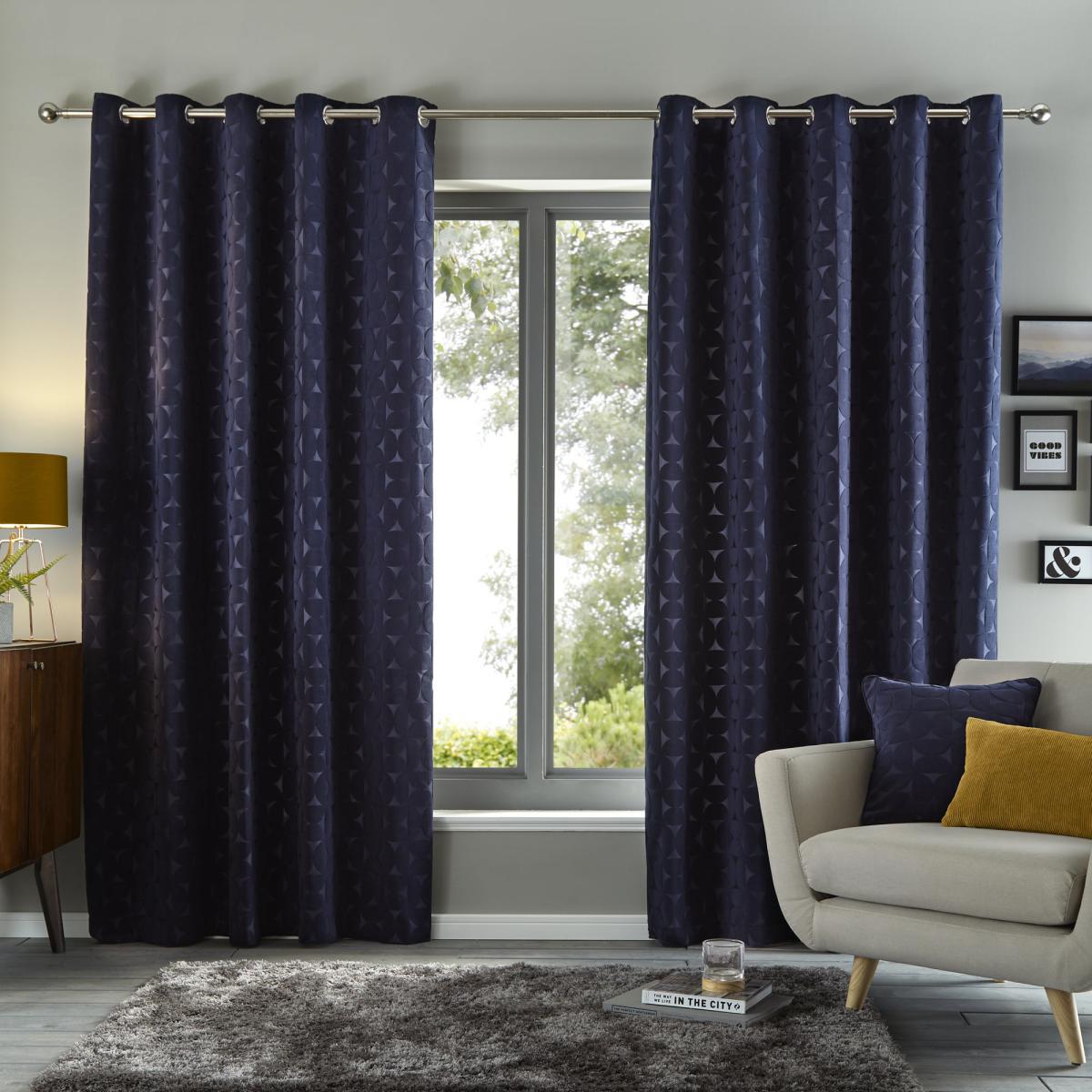 Elements Sten Geometric Velour Navy Eyelet Curtains Navy Blue – image 2