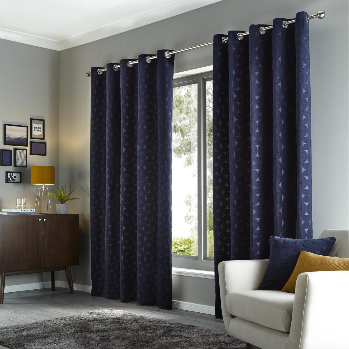 Elements Sten Geometric Velour Navy Eyelet Curtains Navy Blue – image 3