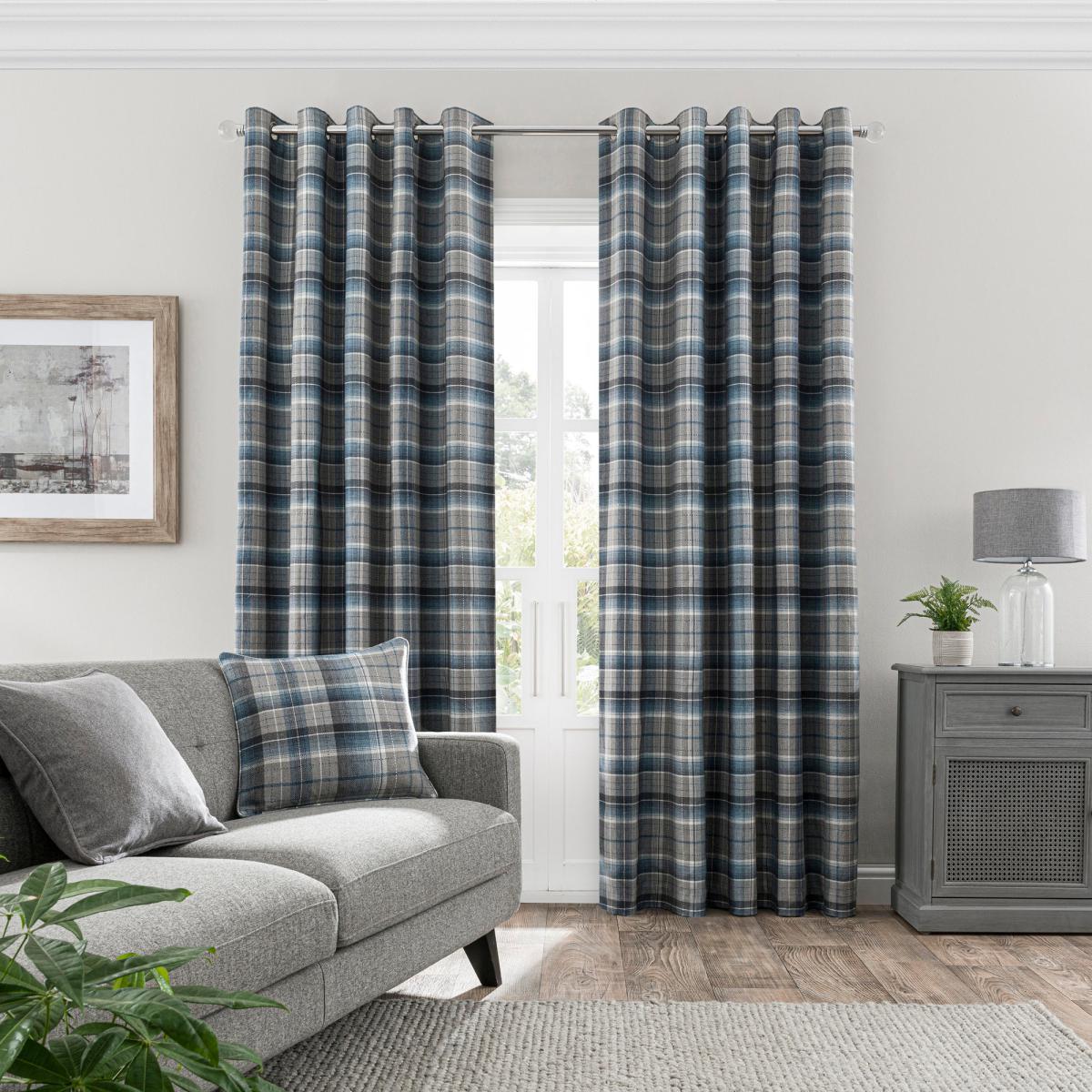 Inverness Check Blue Eyelet Curtains Blue, Grey and White – image 2