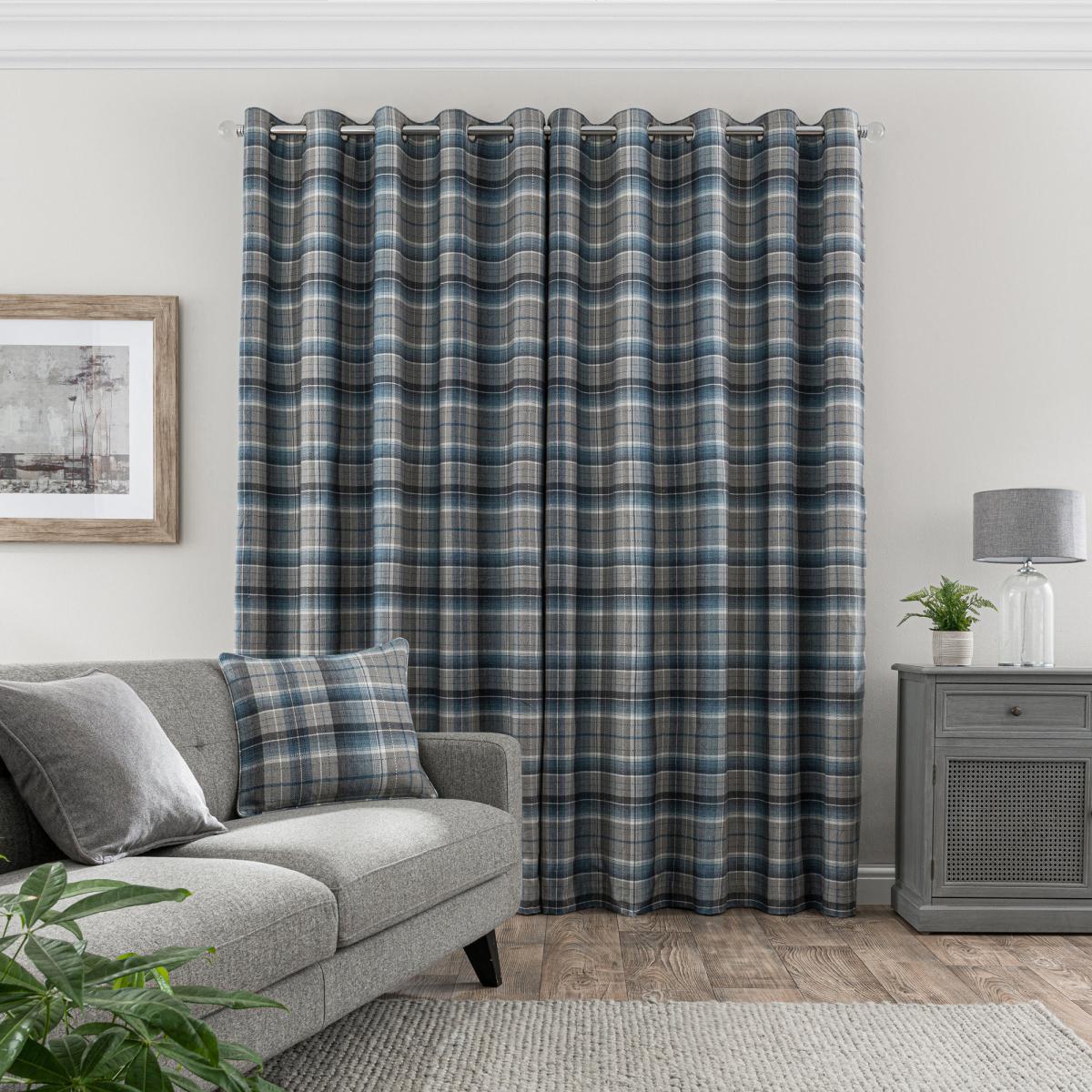 Inverness Check Blue Eyelet Curtains Blue, Grey and White – image 5