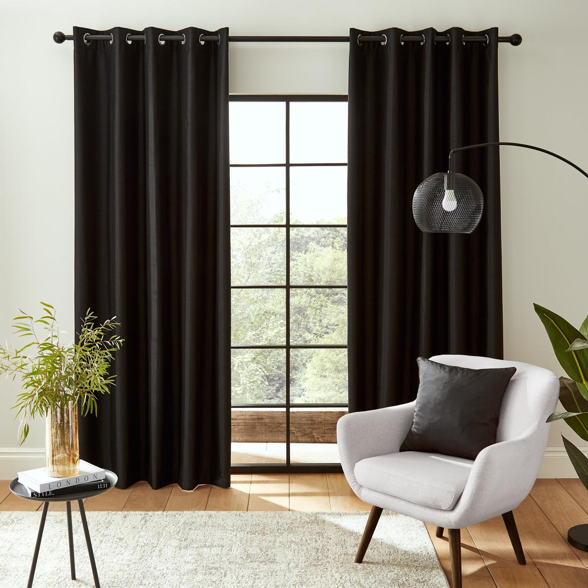 Catherine Lansfield Faux Silk Black Blackout Thermal Eyelet Curtains Black – image 2