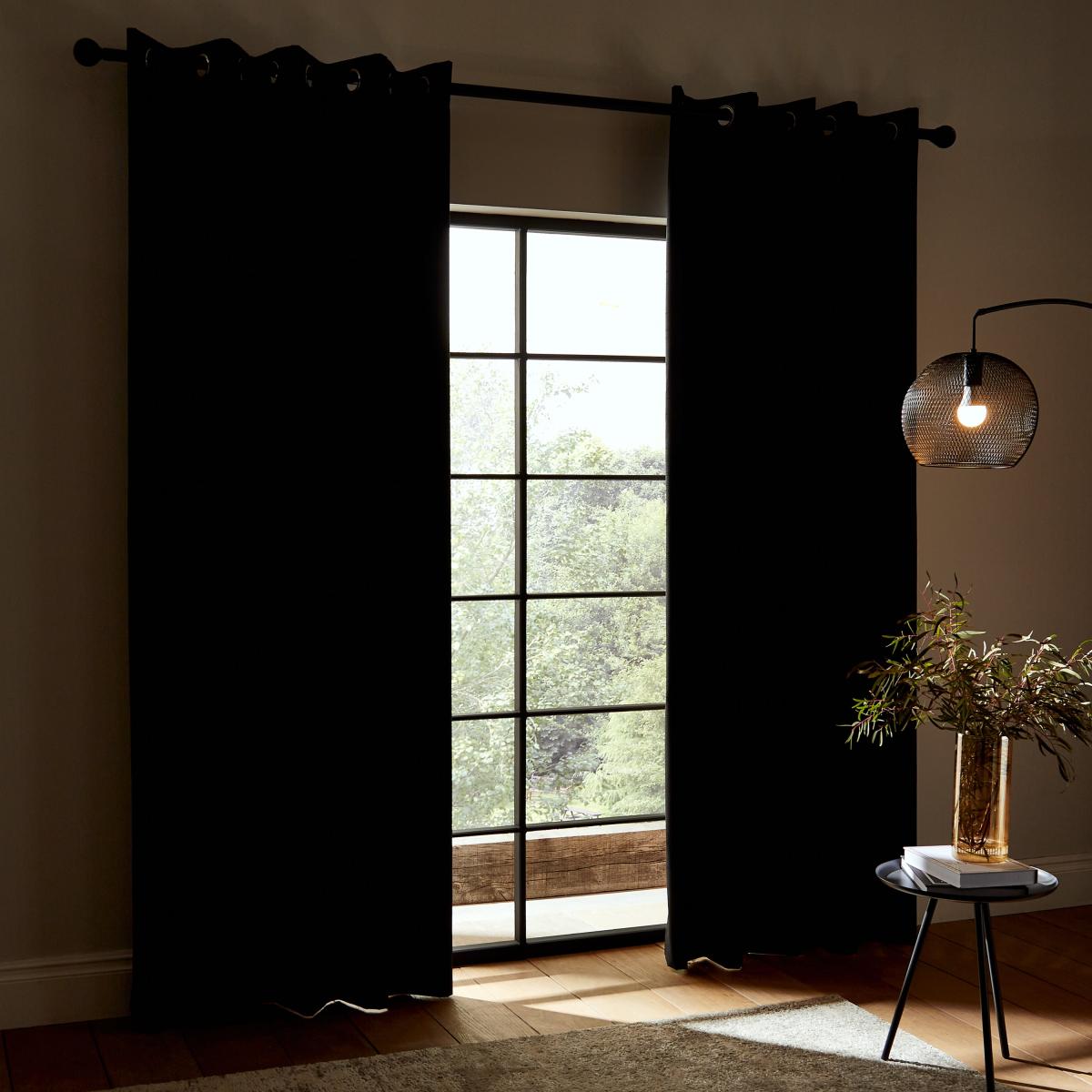 Catherine Lansfield Faux Silk Black Blackout Thermal Eyelet Curtains Black – image 5